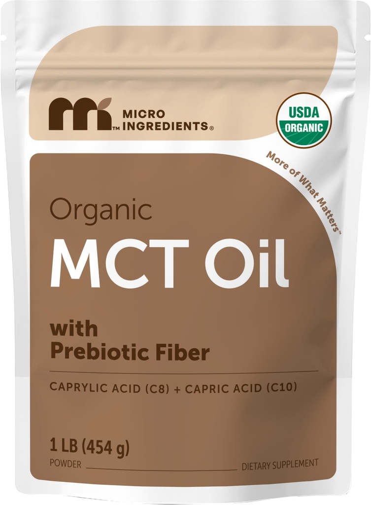 Óleo orgânico MCT em pó com fibra prebiótica,1 Libra(16 onça), combustível rápido para o corpo e cérebro, C8 MCT Óleo para creme de café, Sem OGM, Keto Diet, Vegan
