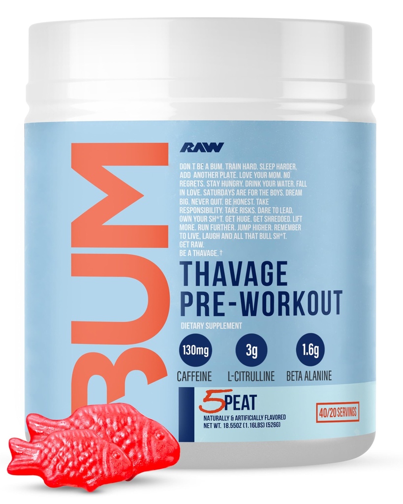 RAW Pré Treino Pó, Thavage (5 Peat, Red Gummy) - Chris Bumstead Sports Nutrition Supplement for Men & Women - Cbum Pré Exercício para Trabalhar, Hidratação, Mental Focus & Energy - 40 Servings