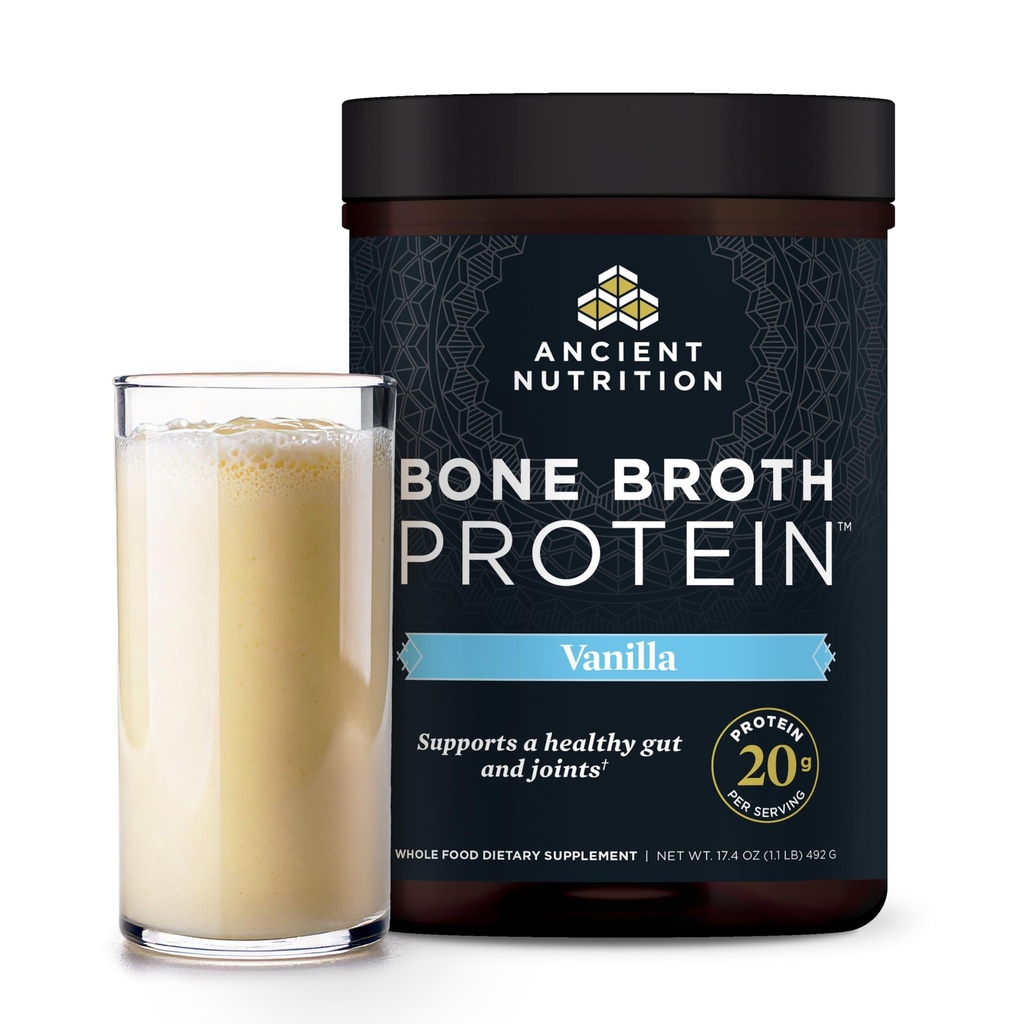 Nutrição antiga alimentado de grama, livre de gaiola, pó de proteína de caldo ósseo, 20g de proteína, peptídeos de colágeno hidrolisado, Keto & Paleo Friendly, Suporta conjunto, Gut Health, Vanilla, 20 Servings