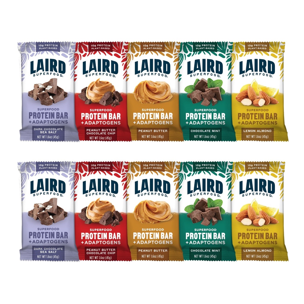 Barras de Proteína Funcional Superalimentar Laird – Barra de Proteínas mas melhor com Ingredientes Verdadeiros, Cogumelos Funcionais 10g Proteína Baseada em Plantas, 6g Fibra - Não-GMO - 5 Flavor Variety Pack, 10 Count (Pack of 1)