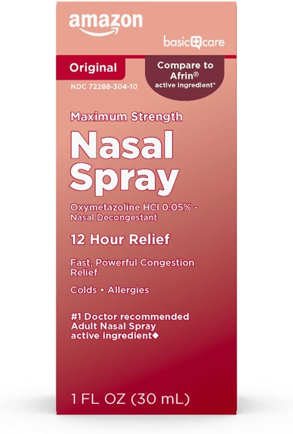 Cuidados Básicos Força máxima 12 horas Pulverização nasal, Solução de HCl oximetazolina, Alivio de Congestão, Medicina fria e alérgica, Descongestionante, 1 fl oz (Pacote de 1)
