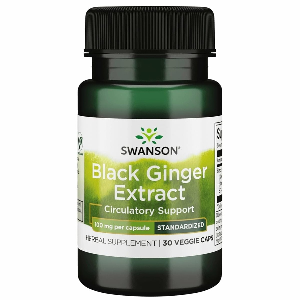 Swanson Black Ginger Extract - Promove circulação sanguínea saudável e vigor físico - Pode ajudar a saúde do coração, tecido muscular, e bem-estar - (30 Veggie Cápsulas, 100mg cada) 1 embalagem