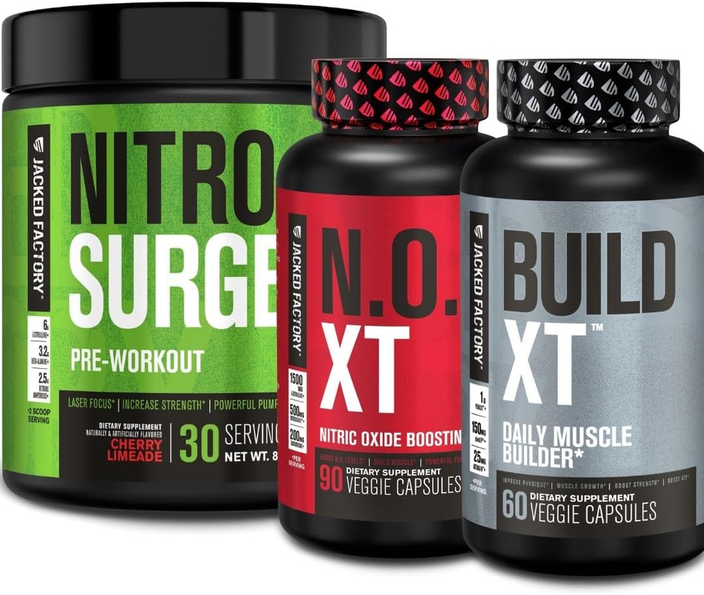 Fábrica Jacked Nitrosurge Pré-treino, N.O. XT Nitric Oxide Supplement & Build-XT Daily Muscle Builder Bundle