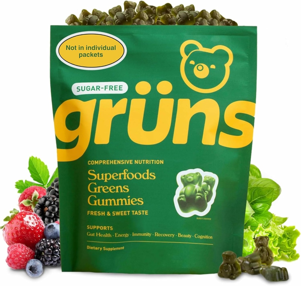 Gruns adultos sem açúcar Super Verdes Gummies - Superalimentos Gummy Bears com espirulina, chlorela, fibra e prebióticos para a saúde digestiva, Suplemento de Adaptogen com 20 vitaminas e minerais, 2 semana de fornecimento