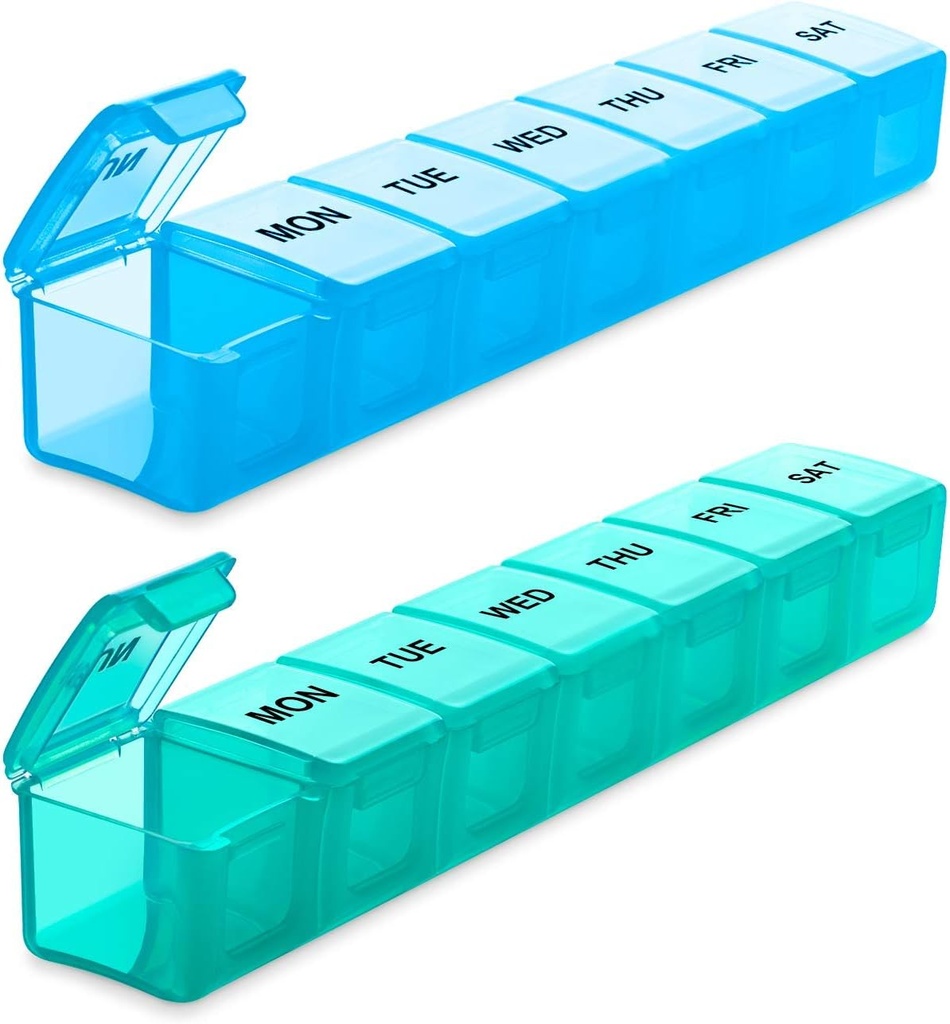 BUG HULL Organizador de comprimidos semanal Grandes 2 pacotes, Organizadores de comprimidos de viagem extra grande, Caixa de comprimidos 7 dias, Caso de pílulas de viagem, Organizador de pílulas de medicina para vitaminas, suplementos e medicamentos (azul + verde)