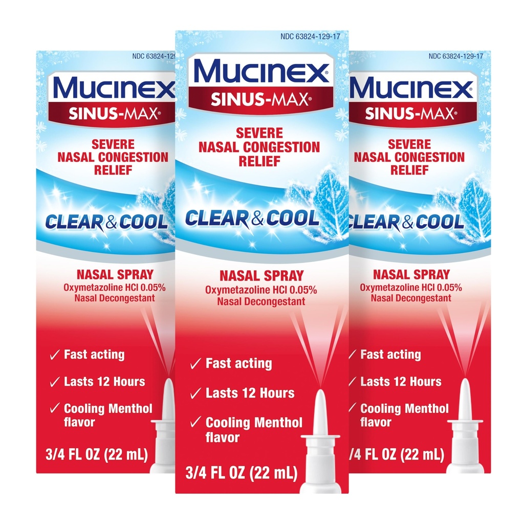 Mucinex Sinus-Max Nasal Spray Descongestionante, 12 horas Over-The-Counter Medicação Nariz Spray para alívio do Sinus, Nasal Descongestionantes para Adultos, Refrigeração Menthol, 0,75 Fl Oz (Pacote de 3)