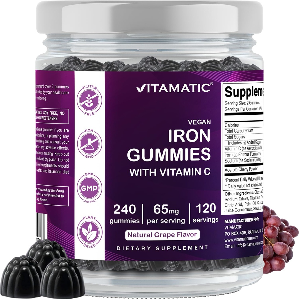 Vitamatic Iron 65 mg chicletes Suplemento para Mulheres e Homens - 240 Vegan chicletes - Grande degustação de ferro chiclete vitaminas com vitamina C