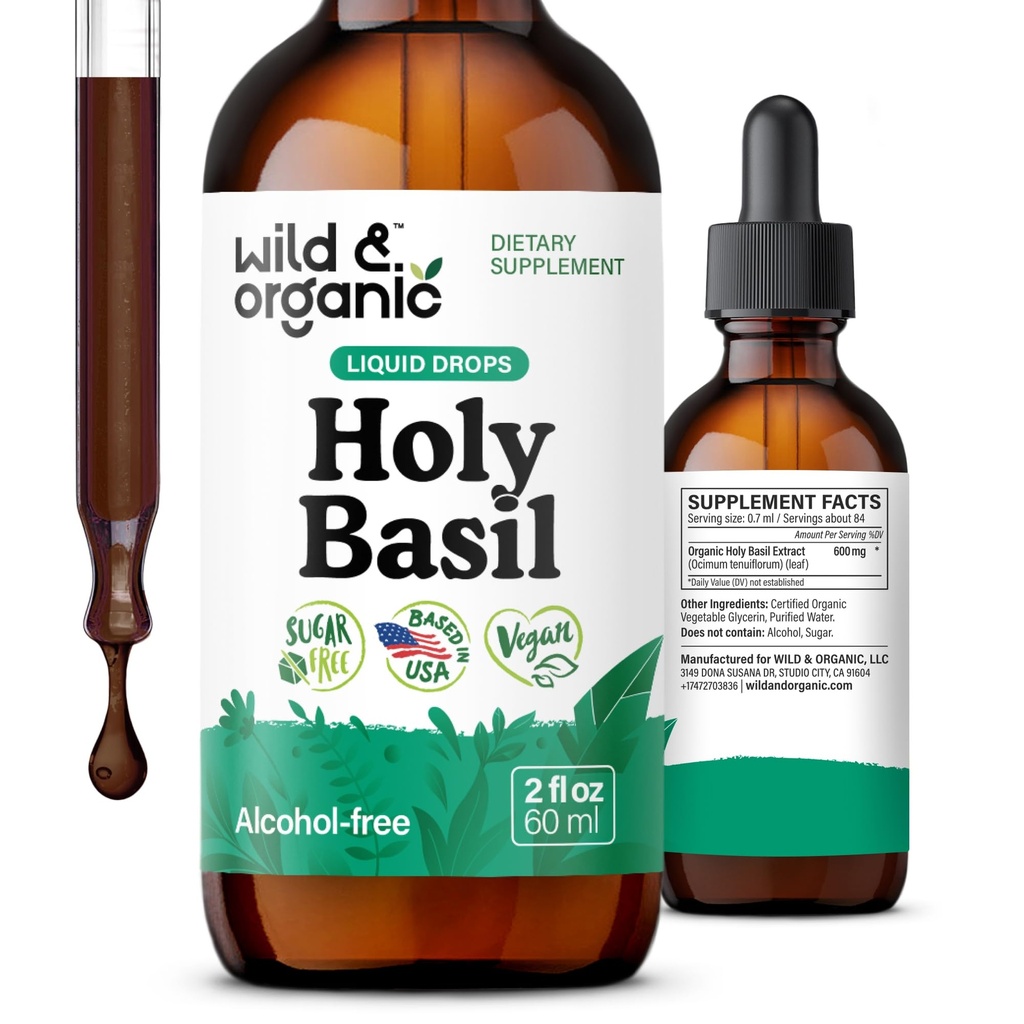 Selvagem & orgânica Folha de Basil Santo Tintura - Relaxação, calma, Apoio ao humor - Tulsi Santo Basil Suplemento - Vegan, Açúcar & Álcool-Free Herb Extract Drops - 2 fl oz