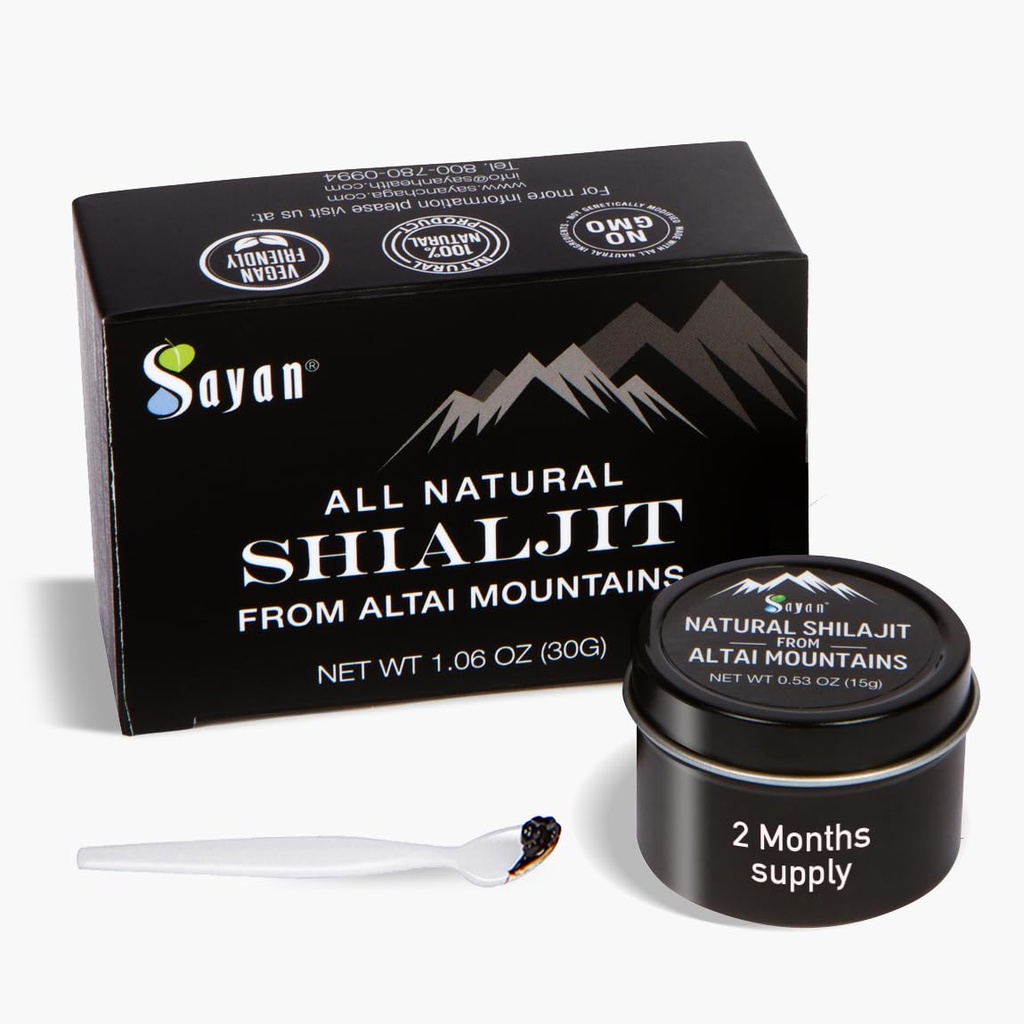 Sayan Puro Autêntico Altai Shilajit Resina - 15 Grams, 2 Mês de Abastecimento - Suplemento de ácido fúlvico orgânico de alta eficácia para mulheres e homens para apoiar o sistema imunológico, energia, & Detox - Vegan, Não-GMO