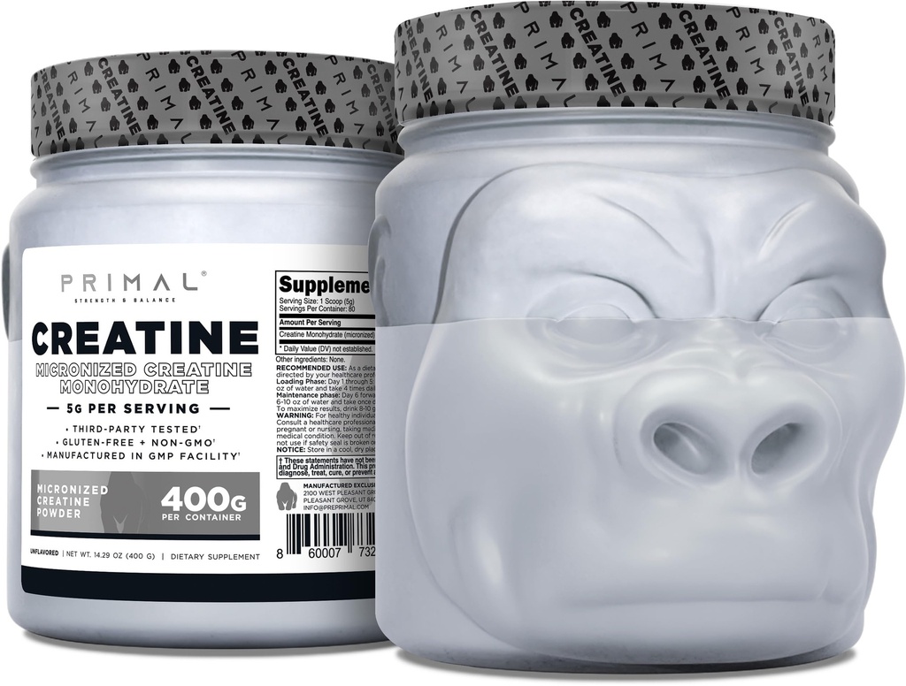 Creatina Primal Mono-Hidratado em pó (400 gramas) Não aromatizado Micronizado Creatina Desenvolvimento muscular Suplemento para pré-trabalho e recuperação 5g Creatina Mono-Hidratado por serviço