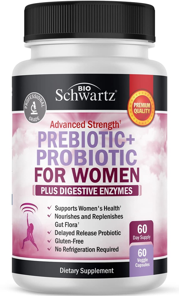 Prebióticos e Probióticos para Mulheres - com Cohosh Preto e Clover Vermelho para Gut, Vaginal e Imune Saúde Suporte, alimentos inteiros Digestive Enzimas Cápsulas, Lactobacillus Probiótico Suplemento, 60 Contagem