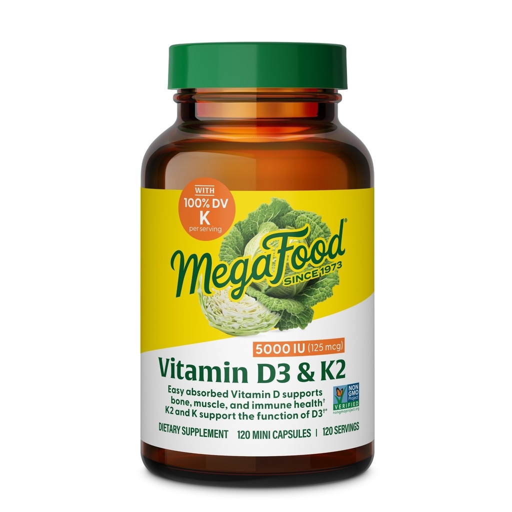 MegaFood Vitamina D3 5000 UI (125 mcg) - Suplementos vegetarianos com vitamina D3 K2 - Suporta Ossos, Dentes, Músculos e Saúde Imunitária - Certificados Não-GMO - 120 Mini Cápsulas, 120 Servimentos