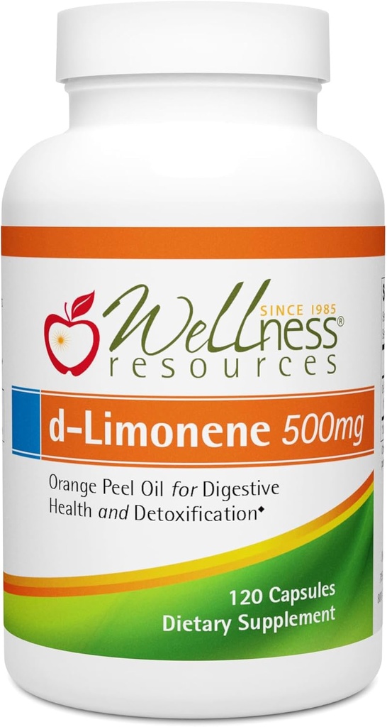 Wellness Resources Cápsulas de alta potência d-Limonene 500mg, 120 Cápsulas - Extrato de Peel Laranja para Saúde Digestiva, Azia, Reflux Ácido, Destoxificação