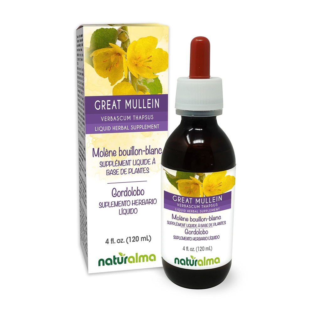 Naturalma Grande Mullein ou Mullein comum (Verbascum tapsus) Tintura sem álcool flor e folha - 4 fl oz extrato líquido em gotas - Suplemento de ervas - Vegan