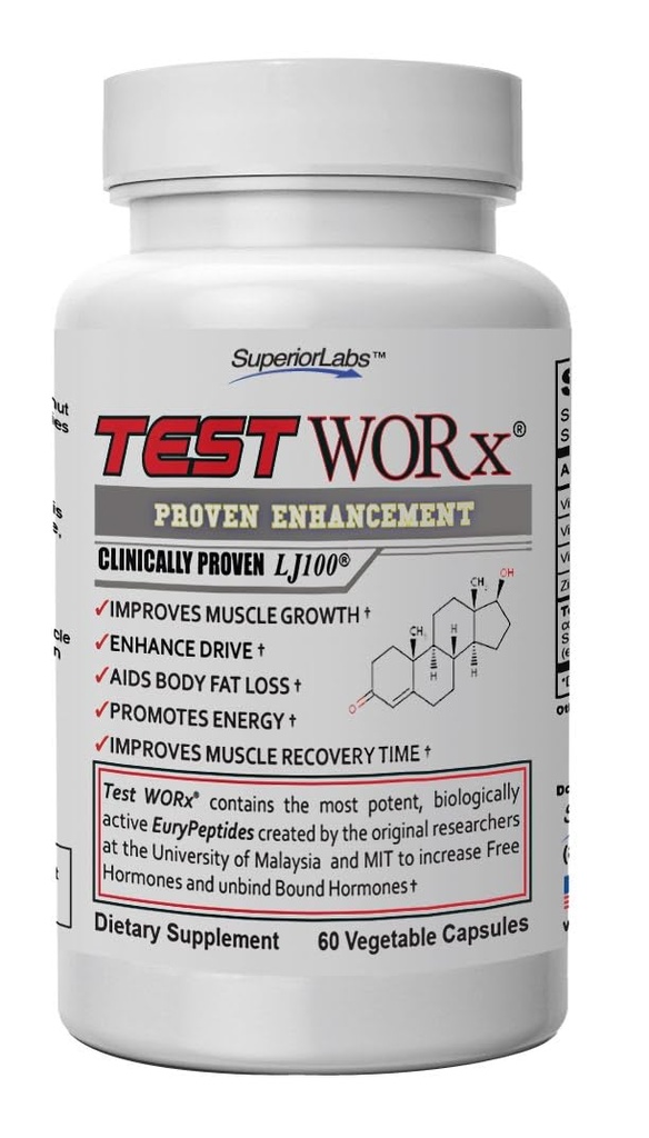 Superior Labs Test Worx Natural Testosterone Booster Supplement with Clinically Proven LJ100 and 8 Other Powerful Ingredients - Notável aumento de energia, resistência, recuperação, sono e humor