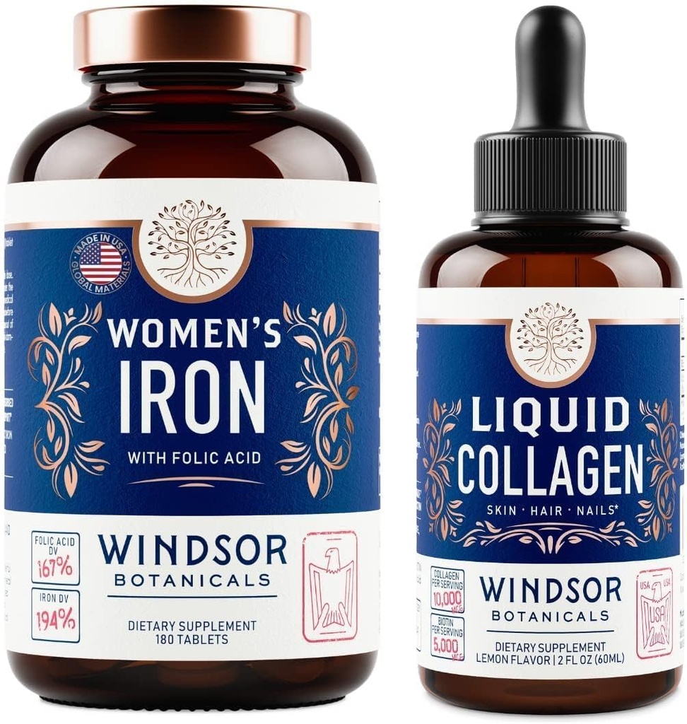 BOTÂNICAS WINDSOR Colágeno líquido e ferro para mulheres Beaty e Wellness Bundle