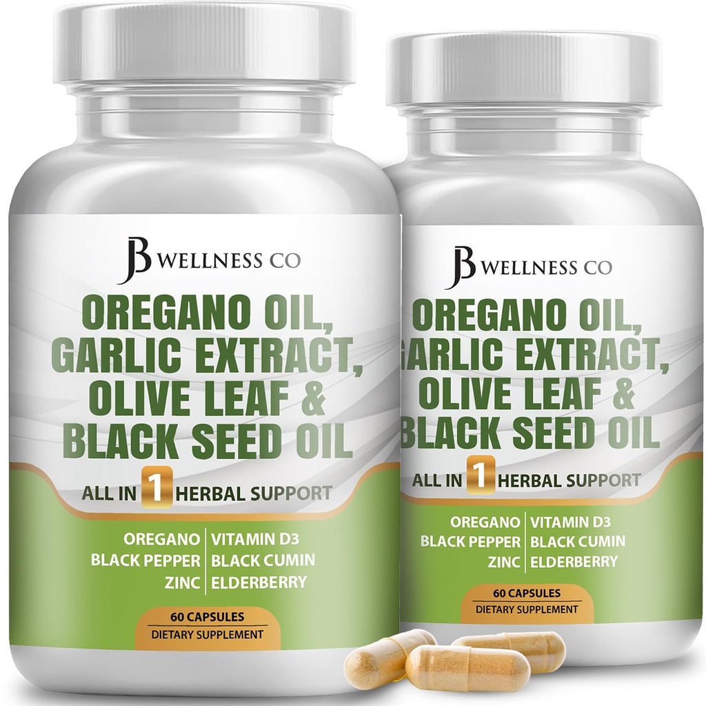 JB Wellness Óleo de Orégano, Extrato de Alho, Folha de Oliva, com Astragalus - Apoio Imune e Suplemento de Saúde Digestiva para Mulheres e Homens - 120 Conde