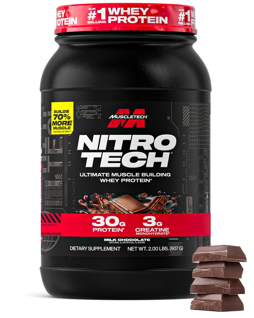 Muscletech Whey Protein Powder ( Chocolate de Leite, 2 Libras) - Nitro-Tech Ultimate Muscle Building Formula com Isolato de Proteína de Whey - 30g de Proteína, 3g de Creatina e 6,8g de BCAA - Embalagem de Vary Maio