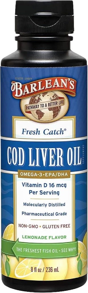 Barlean's Bacalhau Óleo Líquido Suplemento, Omega 3 óleo de peixe com 900mg EPA e DHA Plus Vitamina D, Suplementos para Joint, Cérebro, e Heart Health Support, Limonada Sabor, 8 onças