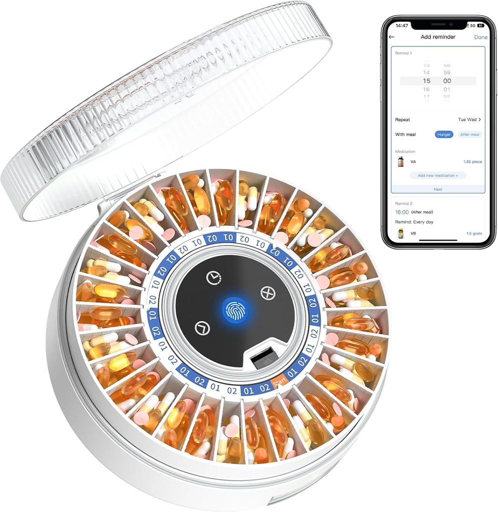 Zoksi Premium 31-Slot dispensador automático de pílulas com impressão digital e fechadura de chave, Smart Organizador de medicamentos com alarme e luz, Organizador eletrônico de pílulas para idosos e esquecimento