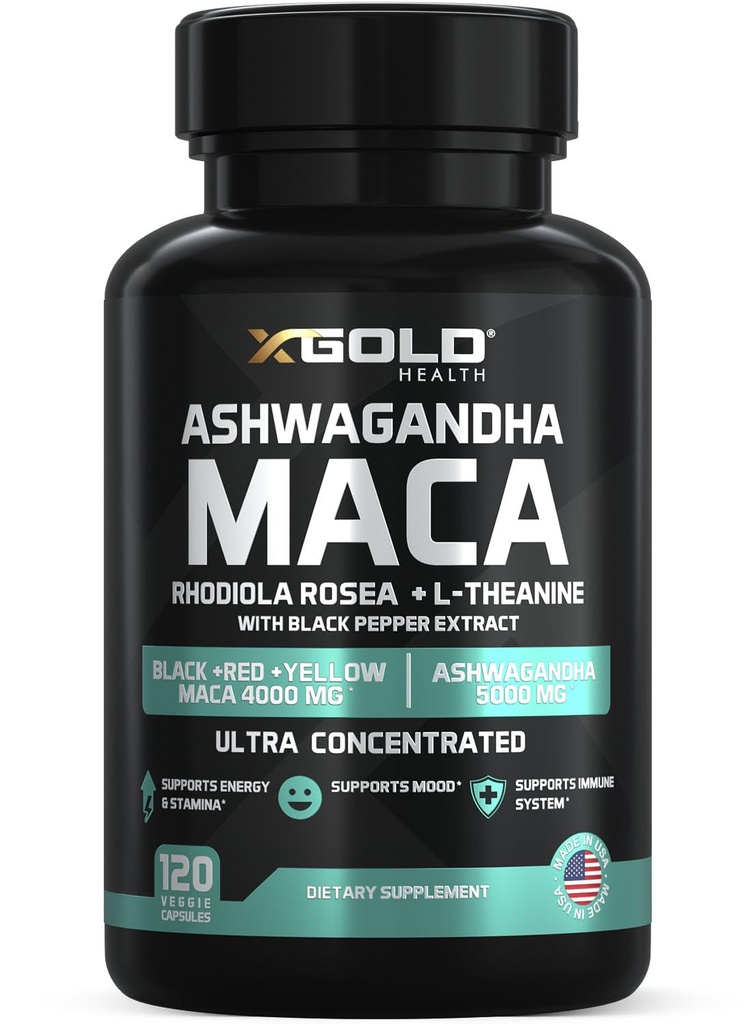 Ashwagandha 5.000mg + Maca Root Black, Red, Yellow 4.000mg, Rhodiola & L-Theanina: 30:1 Extract Ashwagandha Cápsulas, 20:1 Extract Maca Root Cápsulas - Suplemento para Homens e Mulheres