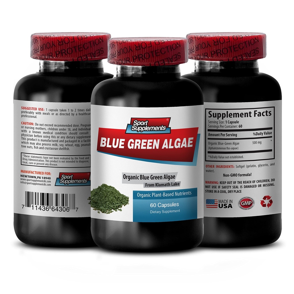 Pure Herbal Supplement - Klamath Blue Green Algae 500mg - Aumentar os níveis de energia, melhorar a digestão e melhorar o sistema imunológico, espirulina, chlorela, Klamath Blue Green Algae Pó - 1B 60 Cápsulas