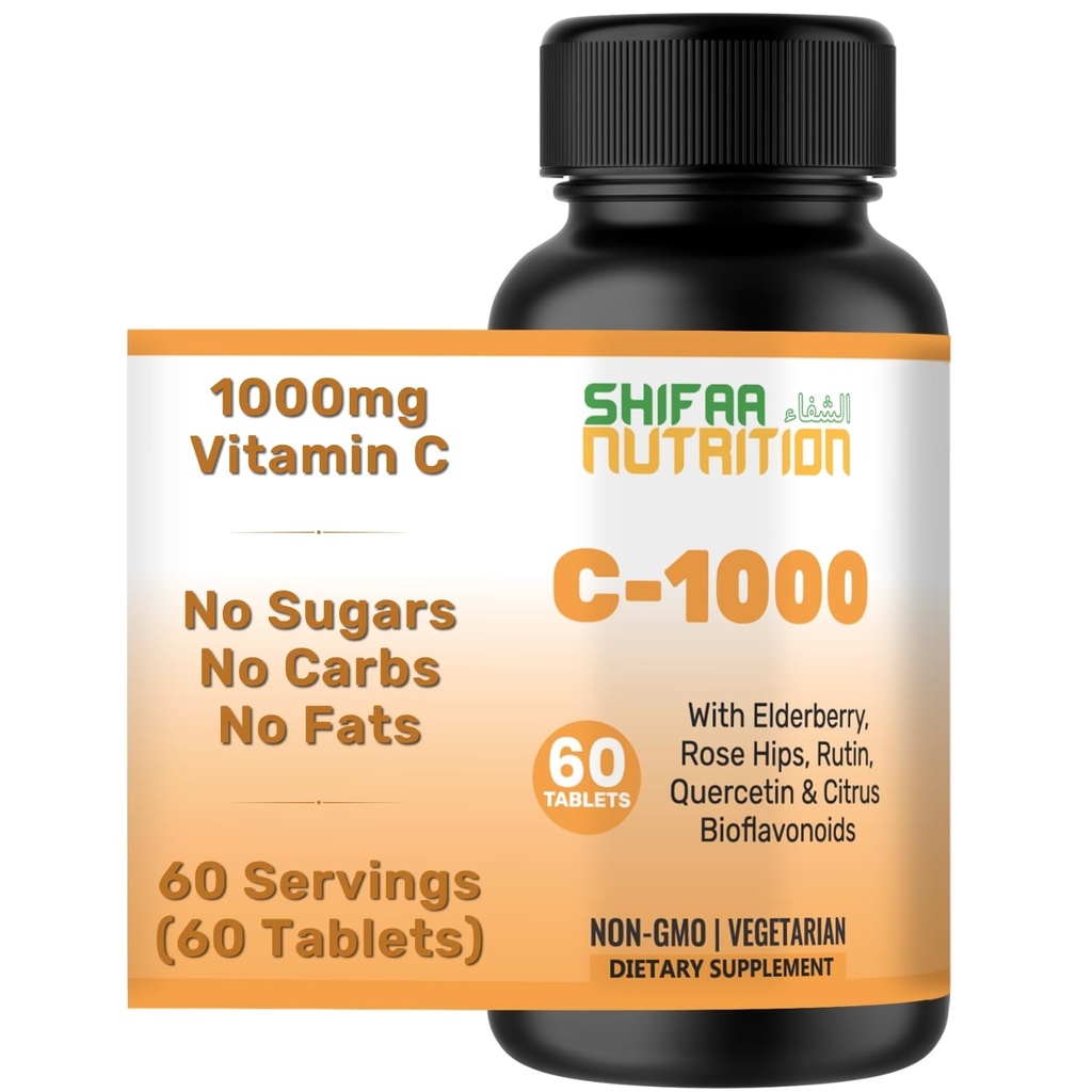 SHIFAA NUTRITION Halal Vitamina C-1000mg Comprimidos, 60 dias de fornecimento. Suplemento de suporte imunológico com vitamina C, Elderberry, Quercetin, Rose HIPS & Rutin. Vegetariano, Não-GMO, Açúcar grátis & Keto Friendly