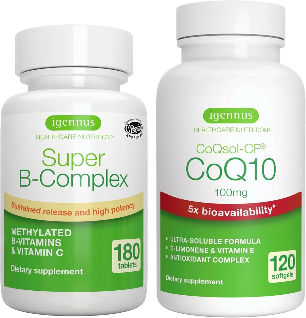 Super B-Complex 180 Comprimidos + Alta Absorção CoQ10 100mg 120 Pacote de Energia Softgels, Complexo B de liberação sustentada metilada + CoQ10 com vitamina E & D-Limoneno, por Igennus