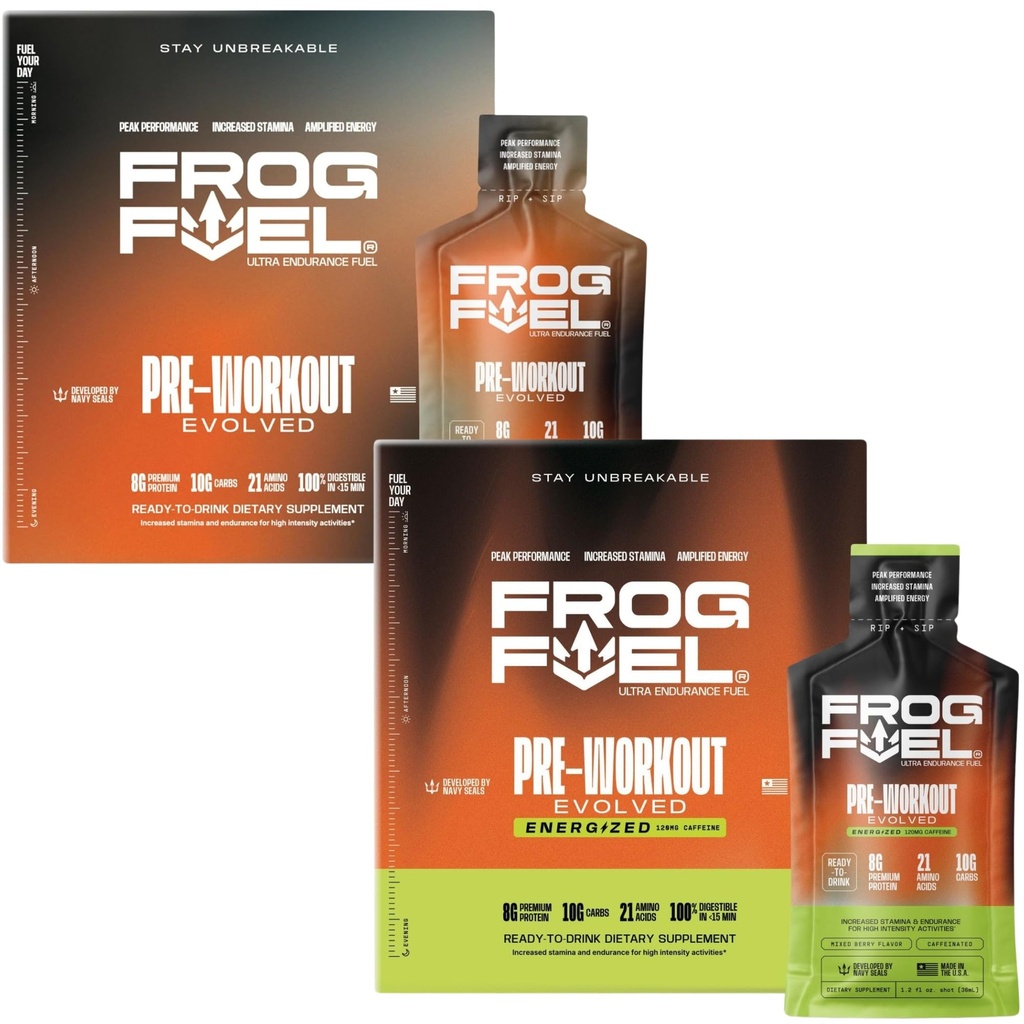 Combustível de rã Ultra & Ultra Energizado Pré Treino Shot Bundle com 1500mg Beta Alanine, Eletrolíticos 8g Protein Nano-Hydrolyzed Grass Fed Collagen, 10g Carbs, Berry, 1,2 oz Packets, 48 Pack