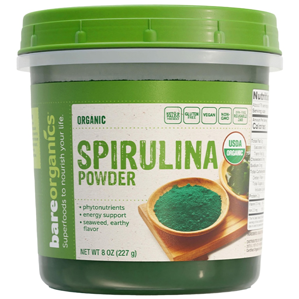 BareOrganics Spirulina Powder - Superalimento orgânico em pó - Vegan, Non-GMO, Gluten-Free - Alta proteína, Antioxidante-Rich para smoothies, Sucos, Shakes & Daily Wellness, 8 Oz