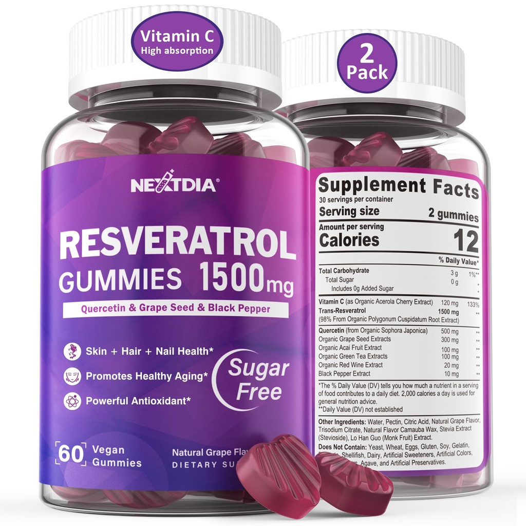 Resveratrol Suplemento 1500mg - Resveratrol Gummies Suporta NAD+, NMN & NMNH Sinergia, com Quercetina, Sementes de Uva, Extratos de Bagas de Acai para Antioxidante, Envelhecimento saudável e longevidade, Pele, Cérebro - 2Pcs