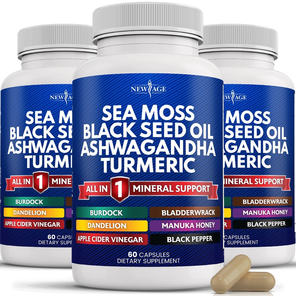 NOVA AGE Silica Sea Moss, Black Seed Oil, Ashwagandha, Turmeric, Bladderwrack, Burdock - com Manuka, Mel Dandelion, ACV Pimenta preta Gluten Free