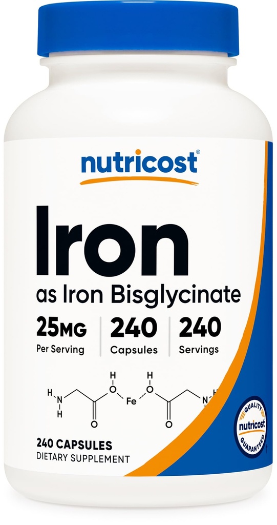 Nutricost Bisglicinato de Ferro Suplemento (25mg) 240 Cápsulas - de Quelato de Bisglicinato Ferroso - Não-GMO e Sem Glúten