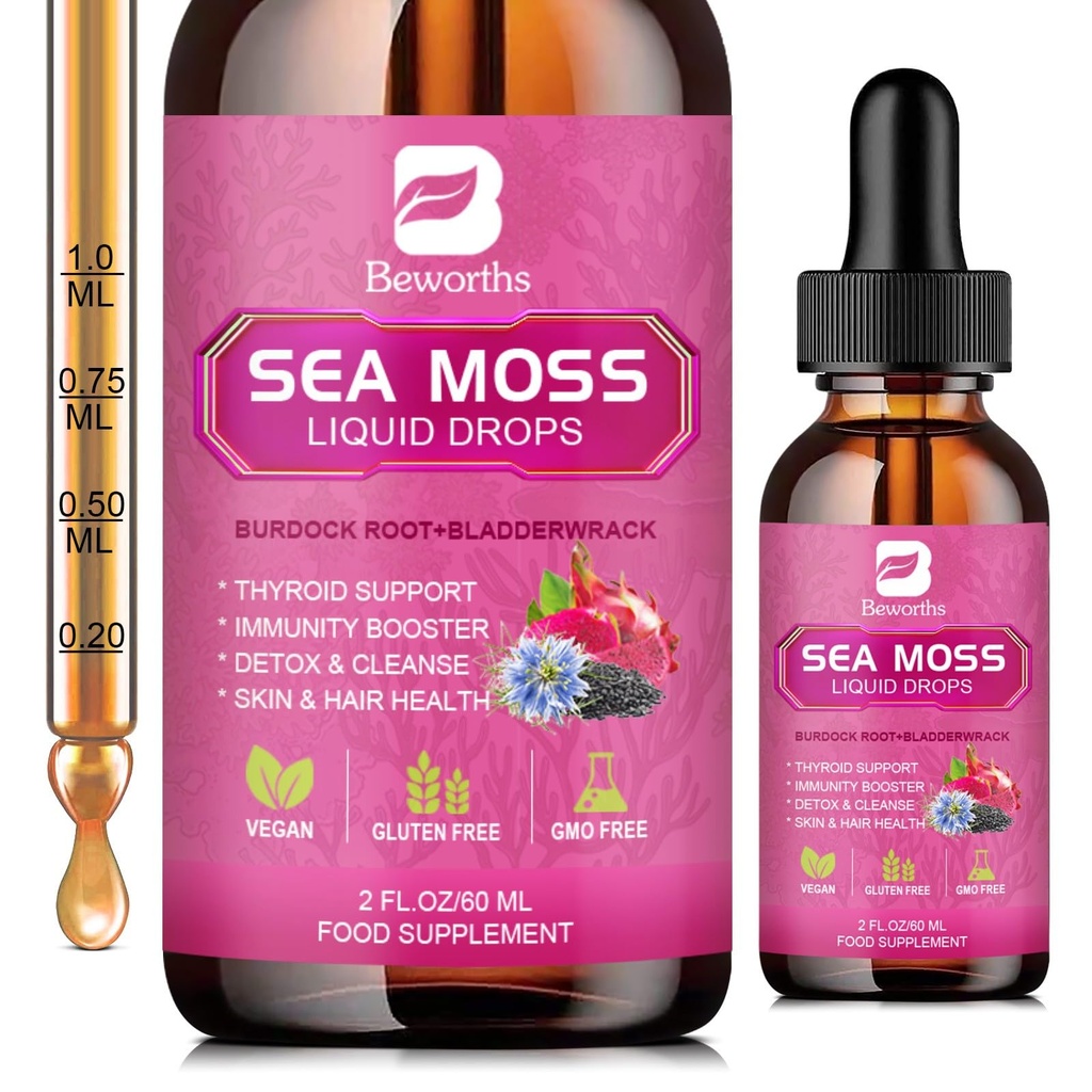 Sea Moss Liquid Drops - Óleo de semente preta orgânica Irish Sea Moss Gel com Burdock Root, Bladderwrack, Elderberry, Vitamina C, D3, 6X Stronger Seammoss Gel para Digestivo, Saúde do cabelo - Vegan