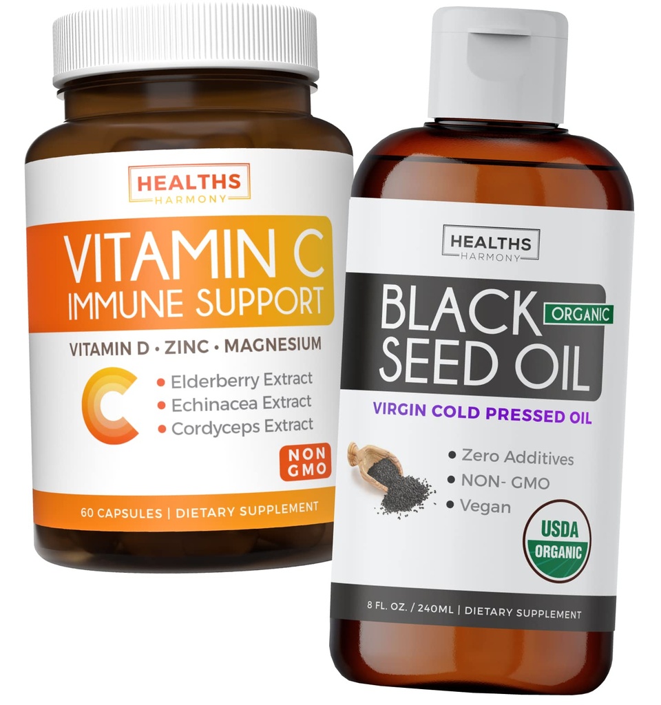 Pacote de óleo de semente preta Líquido & Vitamina C - Imune Fusion Booster Pack - Orgânico Black Seed Oil Líquido (8fl oz) Premium Pressed a frio Nigella Sativa & Vitamina C Suporte Imune (Non-GMO) (60 Cápsulas)