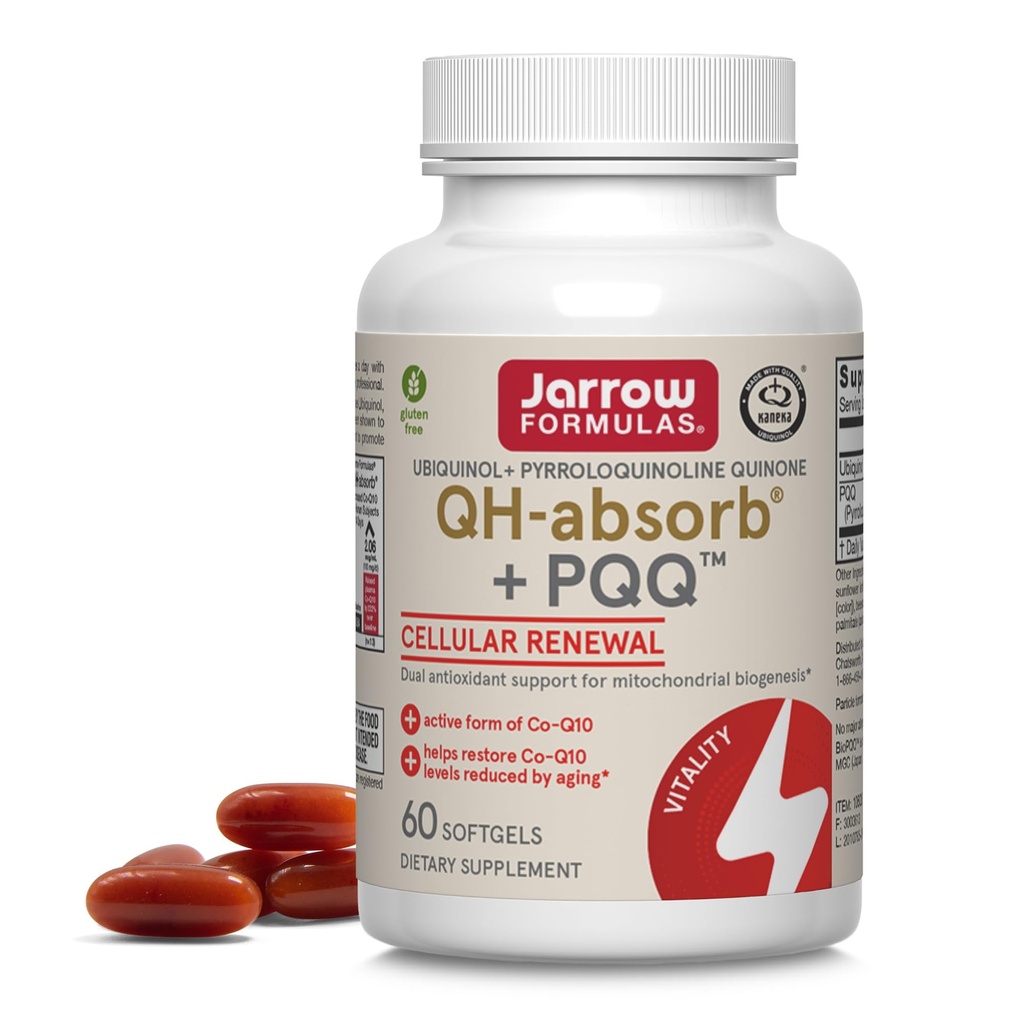 Fórmulas Jarrow QH-Absorb + PQQ - 60 Softgels - Suporta Biogênese Mitocondrial, Produção de Energia e Saúde Cardiovascular - Até 60 Servidores