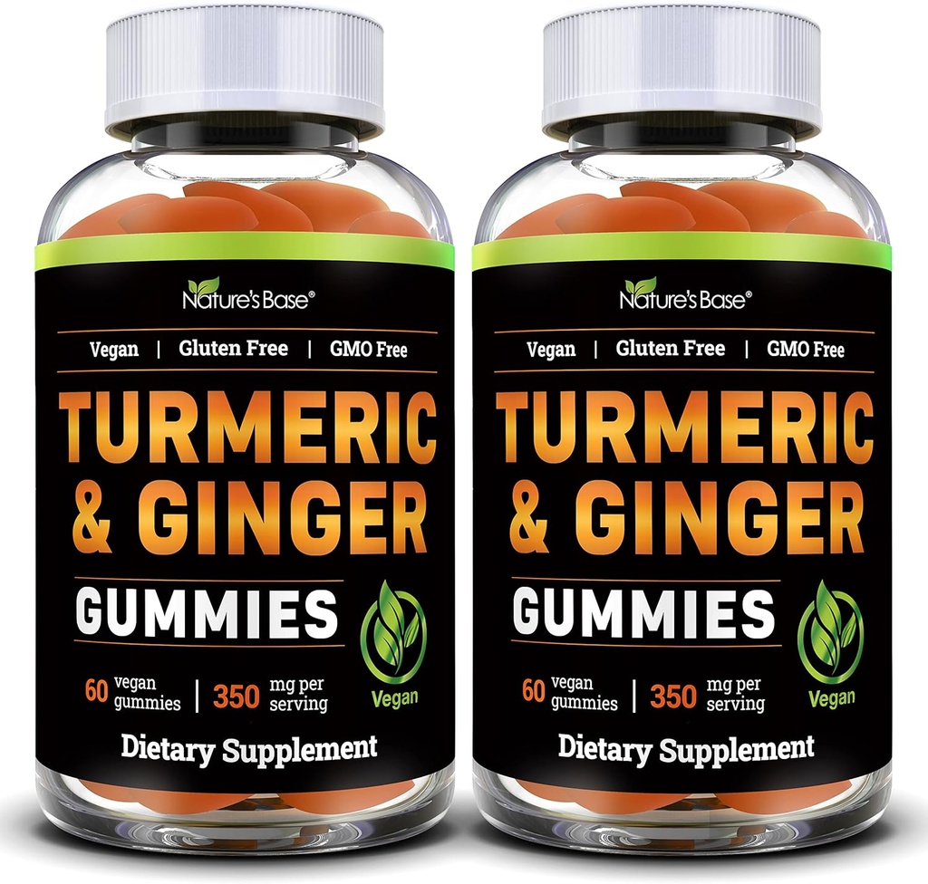 Base da Natureza Gummies Turmeric e Gengibre para Adultos (2 Pack) - Tumeric Curcumin Suplemento para apoiar a saúde conjunta e apoio imunológico - 120 Gummies Vegan
