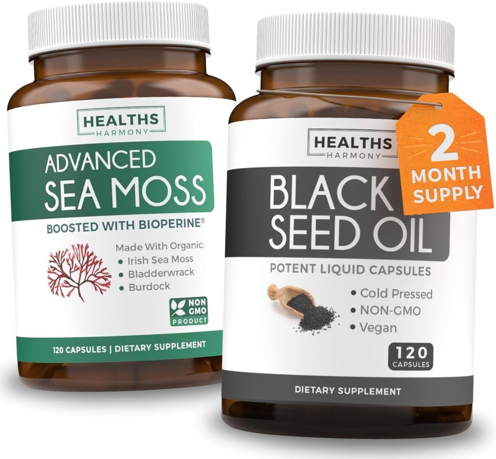 Black Seed Oil & Irish Sea Moss (fornecimento de 2 meses) - Wellness Duo Bundle of Black Seed Oil (120 cápsulas) Cold-Pressed Nigella Sativa & Irish Sea Moss (120 cápsulas) com Bioperine e Bladderwrack