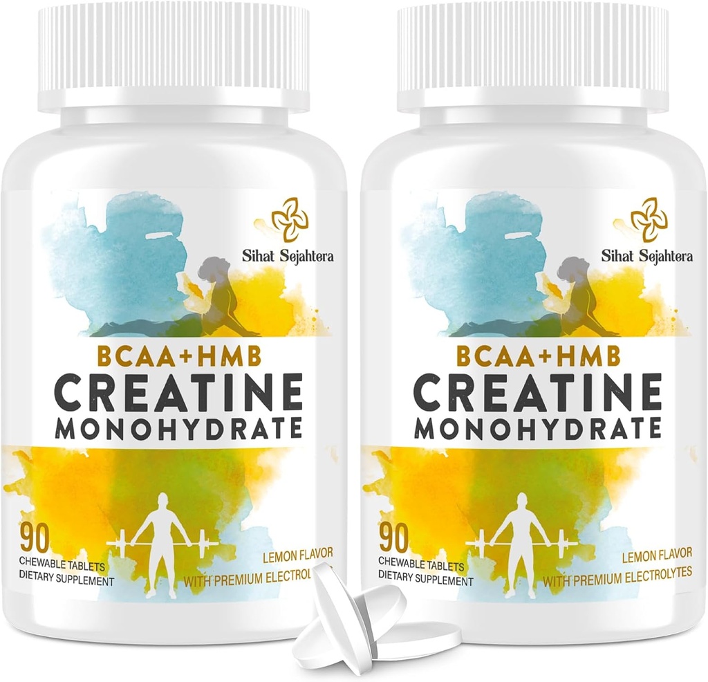 8-em-1 Creatina Monohidrato com BCAA e HMB, 5000 mg para homens e mulheres, Mastigação Creatina para músculo, Recuperação, Endurance & Força, Alta Absorção, Flavor de Limão, Livre de Açúcar, 180 Comprimidos