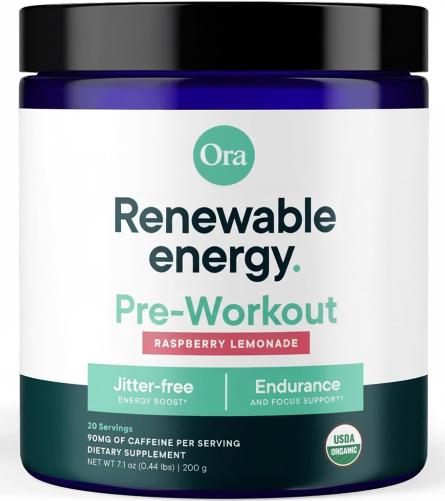Ora Orgânico Natural Pré Treino Pó - Framboesa Limonada Flavor- Fornece Jitter Energia Livre, Foco, Hidratação, & Endurance - Vegan, Certified Orgânico, Soja, Dairy, & Gluten Free, 20 Servings