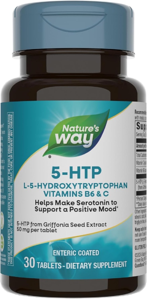 O caminho da natureza 5-HTP, L-5-Hydroxytryptophan, ajuda a fazer serotonina para promover um positivo Outlook*, Vitamina B6, Vitamina C, Griffonia Bean Extract, 30 comprimidos (Packaging May Vary)