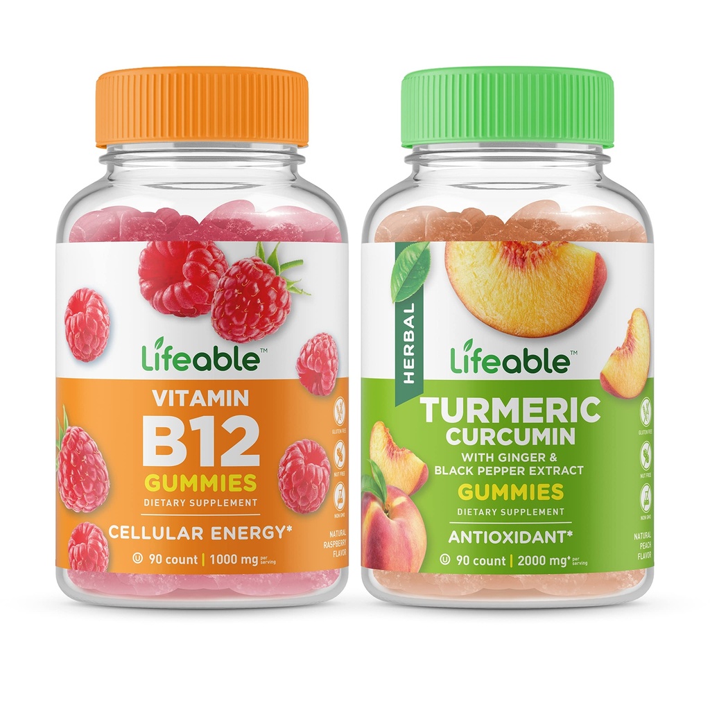 Lifeable Vitamin B12 + Turmeric Curcumin, Gummies Bundle - Great Tasting, Vitamin Supplement, Gluten Free, GMO Free, Chewable