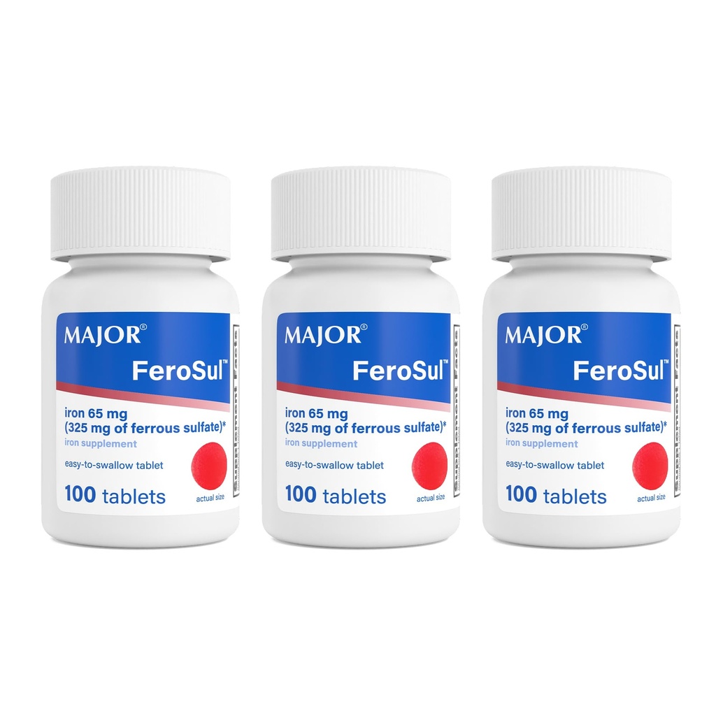 MAJOR Ferosul - Sulfato Ferroso 325mg Comprimidos com 65mg de Ferro Elementar - Suplemento de Ferro para Mulheres, Homens - Vermelho - 100 Comprimidos (3 Pack)