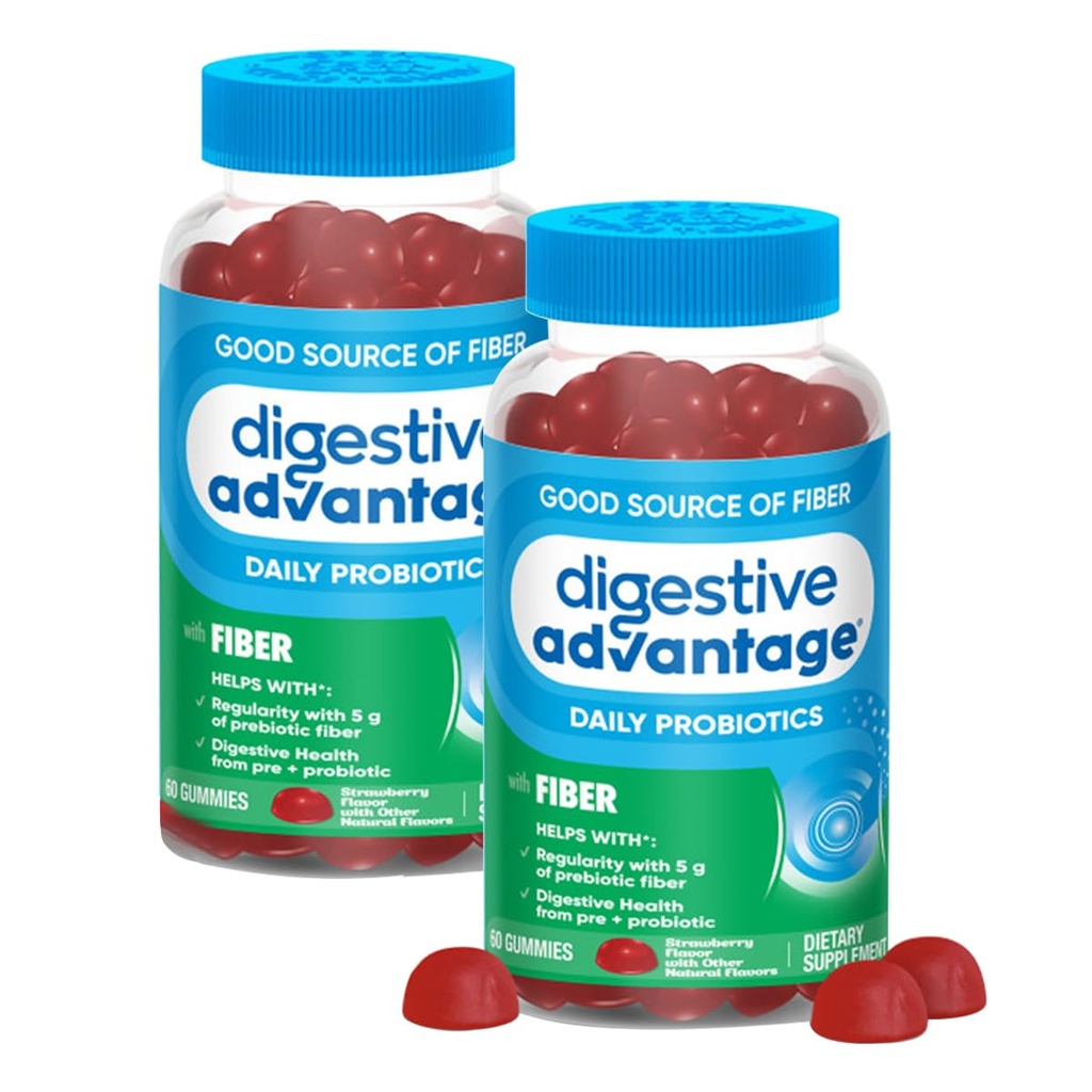 Advantage digestivo Prebiótico Suplemento de fibra de morango Pastilhas com sabor de morango com Probióticos para Mulheres e Homens Saúde Digestiva, Regularidade Adultos e Gut Saúde, 60 Count (2 Pack)