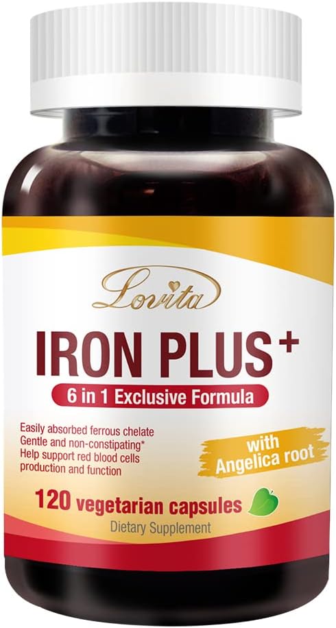 Lovita Iron 18 mg, 6 em 1 Suplemento de Ferro para Mulheres, Vitamina C, Dong Quai & B12, Vitamina Vegan para apoiar a produção de células sanguíneas vermelhas sem constipação, 120 cápsulas