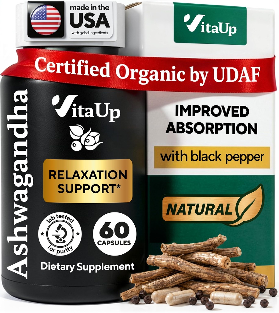 Cápsulas de Ashwagandha 1310mg com pimenta preta - USA Made Suplementos de Ashwagandha para apoio à relaxação, função cognitiva normal e níveis de energia equilibrada – 60 Caps