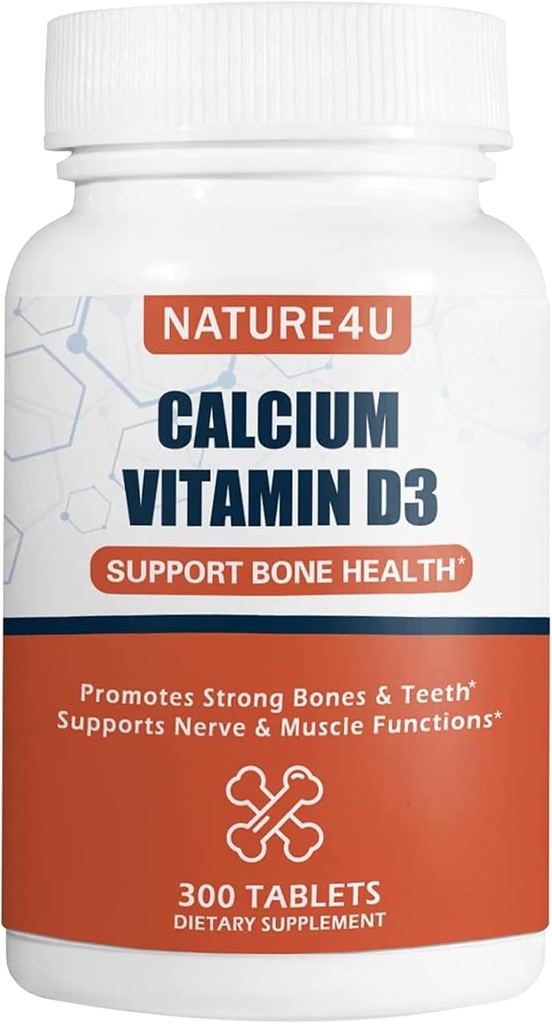 Cálcio 1000 mg com vitamina D3, suplemento de saúde óssea para adultos, suporte Muscel Nerve Saúde e Absorção de cálcio, 300 Comprimido