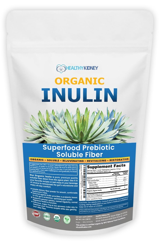 Pó de inulina orgânica (48 oz/3 lbs) Gentil Agave Prebiótico Suplemento de fibra solúvel para apoio digestivo, Gut Saúde, Baking Vegan, Smoothies & Drinks