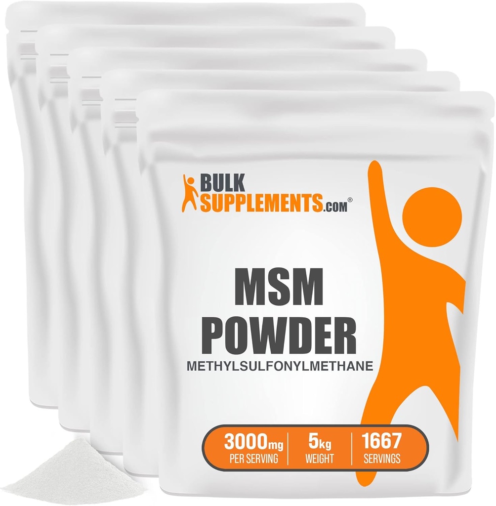BulkSuplementos.com MSM Powder - metilsulfonilmetano, MSM Supplement - MSM Pure Powder, HSH 3000mg - para a saúde conjunta, sem glúten, 3000mg por serviço, 5kg (11 lbs) (Pacote de 5)
