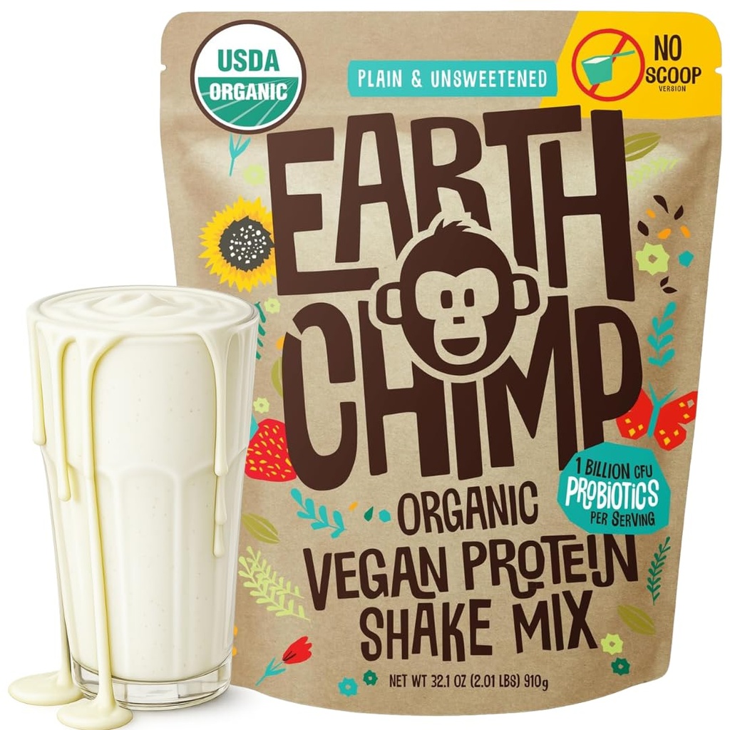 TerraChimp Organic Vegan Protein Powder - com Probióticos - Não OGM, Dairy Free, Não Whey, Planta Based Protein Powder for Women and Men, Gluten Free - 26 Servings 32 Oz (Plain & Undoced) No Scoop